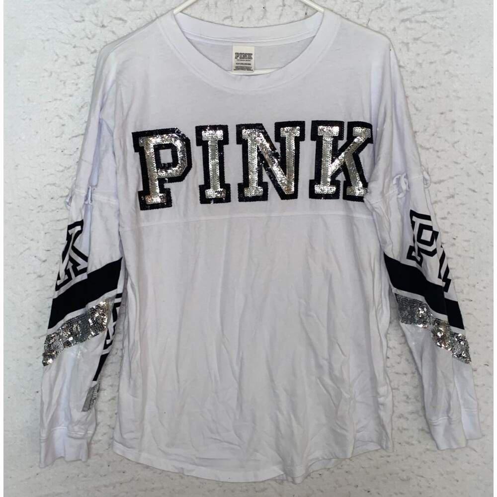 Victoria Secret PINK BLING SILVER SEQUIN Logo White Campus Tee Shirt sz S